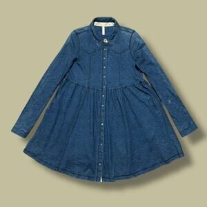 Free People Chambray Dress Snap Button Long Sleeve Pockets Medium Blue